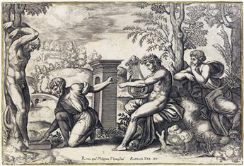 MASTER B WITH THE DIE (after Raphael) Apollo and Marsyas